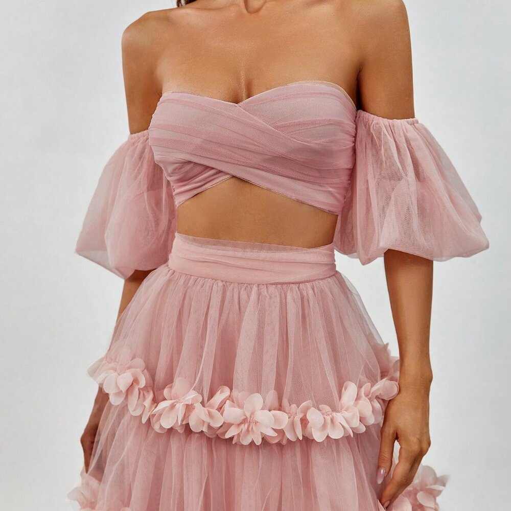 Dusty Pink Party Women's Off-Shoulder Crop Top & Ruffled Tulle Skirt Set - Picture 4 of 6